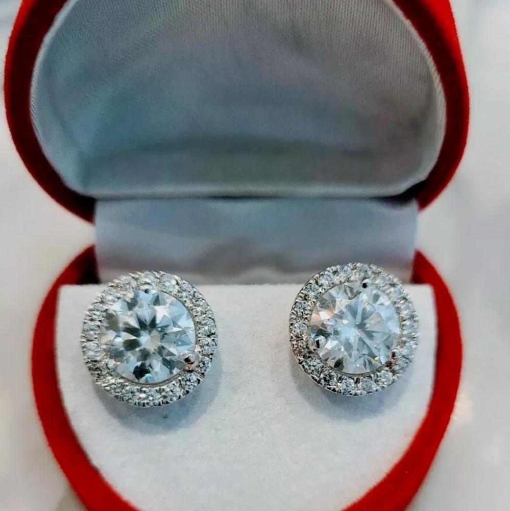 18k Solid WG Halo Diamond Earrings 6ctw GRA